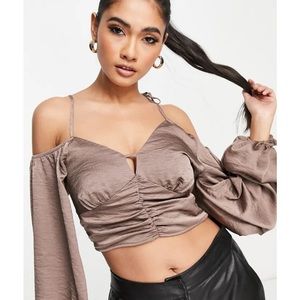 Topshop Balloon Sleeve Strappy Satin Crop Top